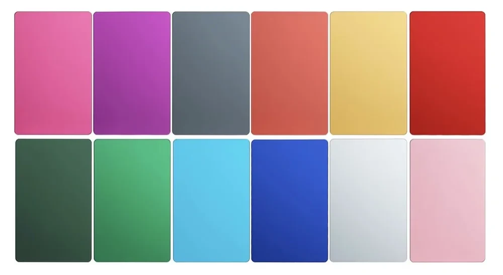 Our 13 anodized aluminum card colors: pink, purple, slate gray, coral, gold, red, dark green, green, sky blue, royal blue, silver, light pink and matte black